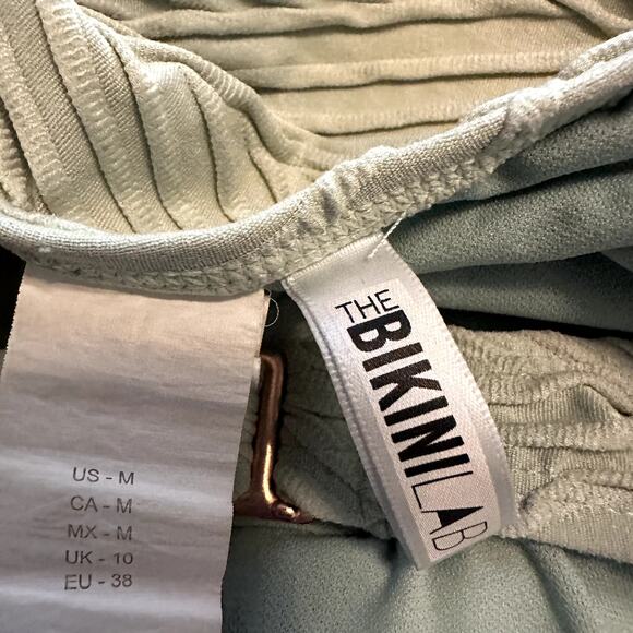 Bikini Lab One-Piece Swimsuit Front Cut Out Ruched Stripes Adjustable Green M - Picture 3 of 7